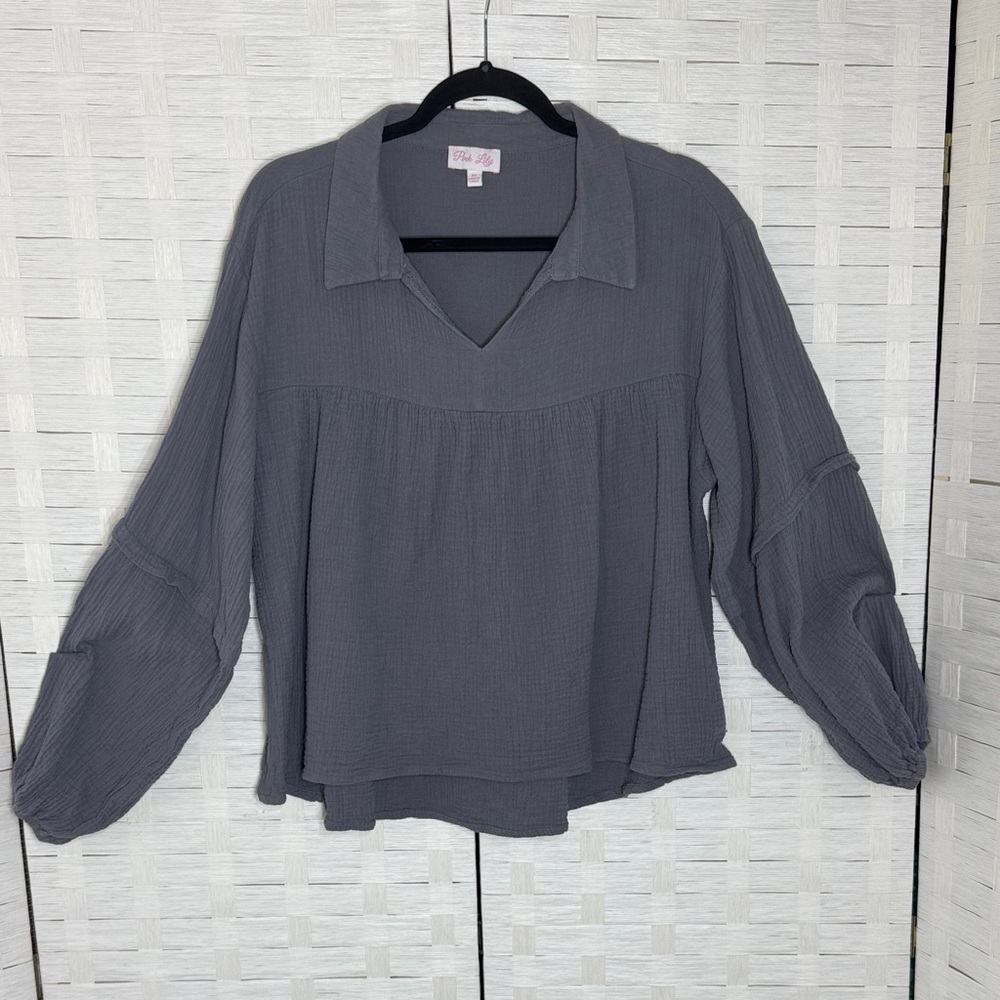 Pink Lily Gray/Purplish Collared Long Sleeve Boho Gauze Like‎ Top Size Medium